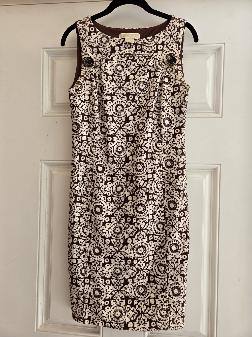 Michael Kors Cream and Brown Sleeveless Jacquard Sheath Dress